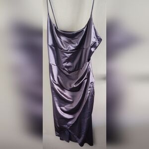 Q USA Purple satin like sleeveless spaghetti strap dress. Front wrap. Xlnt cond.